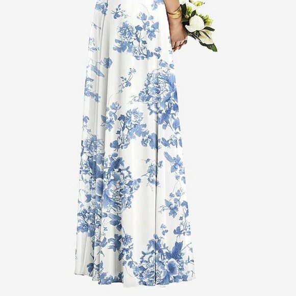 After Six 1526...Cold-Shoulder V-Back Chiffon Maxi Dress...Floral Blue...Size 12 - Picture 4 of 7